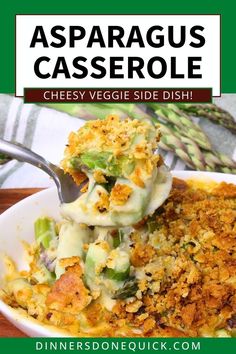 asparagus casserole with cheesy veggie side dish in a white bowl