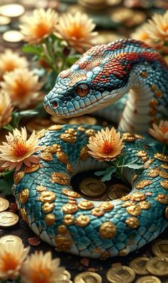 a snake is on top of some coins and has flowers in it's mouth