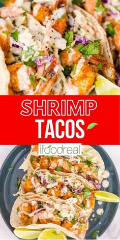 shrimp tacos on a plate with lime wedges