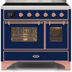 a blue and pink oven with two burners