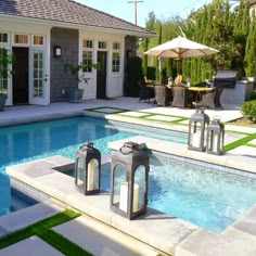 a backyard with a pool and patio furniture