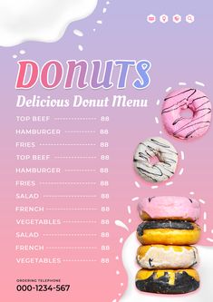 a menu with doughnuts on top of each other in front of a pink and purple background