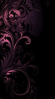 an abstract purple background with swirls and flowers on it's side, in the dark