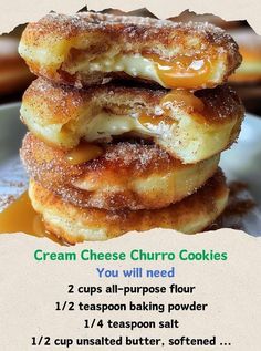 a stack of cream cheese churro cookies on a plate with the recipe below it