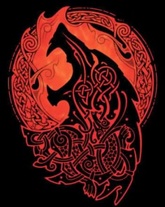 an orange and black drawing of a wolf in a circle with celtic designs on it