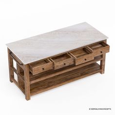 a wooden table with two drawers on it