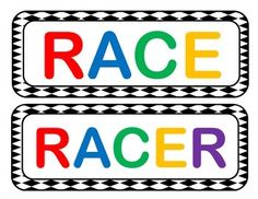 two race stickers with the words race and rainbow letters in different colors on them