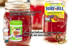 there are two jars of fruit jelly and one jar of pure jell on the table