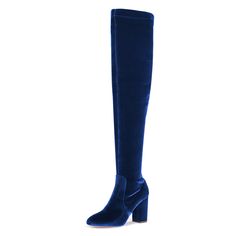 Step into sophistication with our Elegant Velvet Round Toe Chunky Heel Over-the-knee Boots in Blue. Luxurious velvet, a chic round toe, and a sturdy heel make a bold style statement. Color: Blue Material: Velvet Heel Type: Chunky heel Heel Height: 4" / 100 mm approx Product measurements were taken using size 8. Please note that measurements may vary by size. Toe: Round toe Zipper design makes it easier to wear on Handcrafted US sizing. Fits true to size. Chunky Heel Boots, Custom Boots, Floral Heels, Velvet Heels, Blue Boots, Chunky Heels Boots, Shoes Blue, Long Boots, Heel Boots