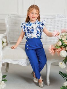 Blue and White Cute Collar Cap Sleeve  Floral  Embellished Non-Stretch  Young Girls Clothing Trouser And Top For Kids, Moda China, Kids Party Wear Dresses, Girls Party Wear, Pleated Shirt, Party Kleidung, Blouse Pants, Ruffle Shirt, Dresses Kids Girl