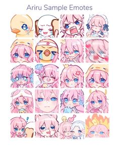 anime emotes with different facial expressions and hair styles, all in pink tones