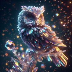 an owl sitting on top of a crystal tree branch