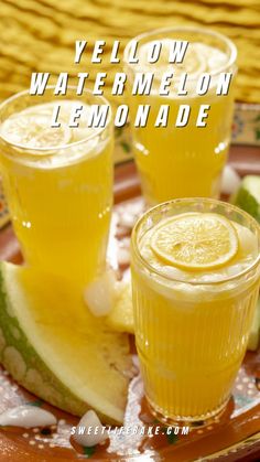 Yellow Watermelon Lemonade in three glasses. Yellow Watermelon Recipes, Yellow Foods For Party, Yellow Party Foods, Watermelon Water Recipe, Freezing Watermelon, Watermelon Recipes Drinks, Beautiful Drinks, Party Nibbles, Yellow Watermelon