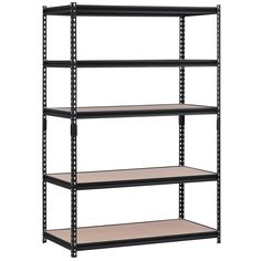 the four tier shelving unit is black and has three shelves on each side, one with