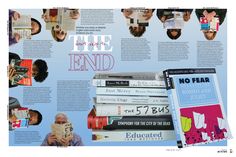 an article in the magazine is full of books and people with their heads covered by paper