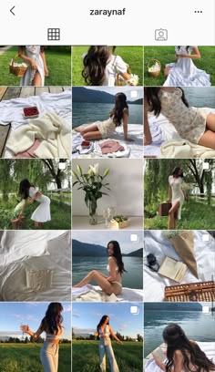 many different pictures of a woman in white dress sitting on the grass and holding an open book