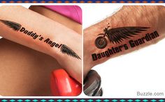 two pictures with tattoos on their arms and one has an angel's wing tattooed on the arm