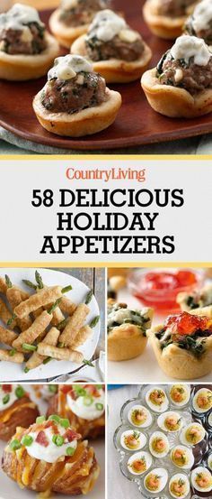 a collage of different appetizers with the title country living's delicious holiday appetizers