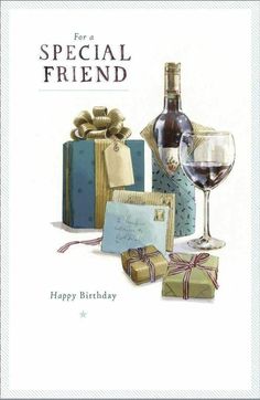 a birthday card with gifts and a bottle of wine