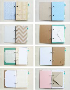 six different types of notebooks with paper attached to the pages, all lined up