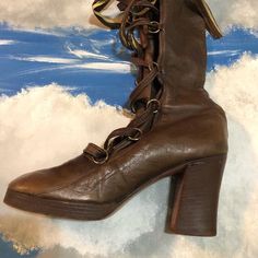 "SUPER RARE - JERRY EDOUARD - Vintage 60s 70s Gogo Boots - Brown Leather with Front Lace Ups I do have many more pairs of super amazing Vtg Boots & Vintage in my Etsy Shop...or contact me if you are looking for something specific! SUPER RARE & COLLECTABLE! ONE PAIR ONLY DON'T MISS OUT LOVE ROCKS VINTAGE ITEM DETAILS & DESCRIPTION . Made by the famous \"Jerry Edouard\" Boot Designer that similar boots were worn by Kate Judson in Almost Famous Move. . Brown Leather . Front Lace Up Fron Penny Lane Shoes, Vintage Lace-up Boots For Formal Fall Occasions, Vintage Lace-up Boots For Formal Fall Events, Vintage Pointed Toe Mid-calf Boots For Fall, Vintage Lace-up Boots With Pointed Toe And Leather Sole, Vintage Pointed Toe Lace-up Boots For Fall, Vintage Lace-up Pointed Toe Boots For Fall, Vintage Lace-up Boots With Leather Sole For Formal Occasions, Vintage Lace-up Boots For Formal Occasions