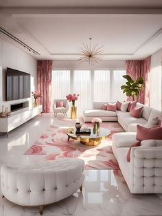 a living room with white couches and pink accents on the walls, carpeted in marble