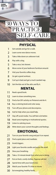 30 Ways to Practice Self-Care: Self-care is important, and too many of us neglect our own needs while we attend to others' needs. This list is a reminder of types of physical, mental, and emotional self-care everyone should be doing to live a better life and feel happier. Spa Water, Top Diy, Healthy Mind, Self Care Routine, Massage Therapy, Me Time, Self Development, Better Life