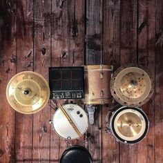 an overhead view of musical instruments and drums