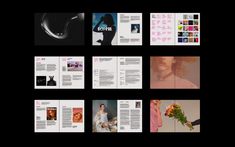 an assortment of magazine pages with images and text on the front, in black background