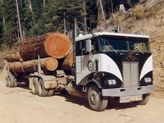 a large truck hauling logs down a dirt road