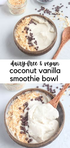 coconut smoothie bowl in a coconut bowl topped with mini chocolate chips and toasted coconut. Coconut Bowl Recipe, Healthy Dessert Bowls, Healthy Breakfast No Dairy, Everbowl Coco Love Recipe, Fruit Bowls Recipe, Smoothie Bowl For Kids, Açaí Bowl Recipe