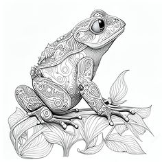 a drawing of a frog sitting on top of a tree branch with leaves around it