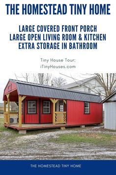 a small red house with the words tiny houses on it's front and side