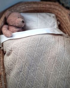 a teddy bear laying on top of a pillow in a basket next to a wall