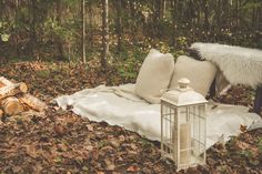 an animal that is standing next to a bed in the woods with pillows on it