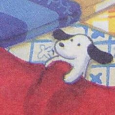 a cartoon dog laying on top of a red blanket