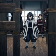 two anime characters are standing in an empty room