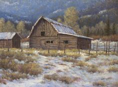 an oil painting of two old barns in the snow with mountains in the back ground