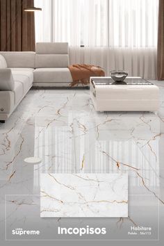 a living room with marble flooring and white furniture