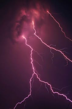 lightning strikes in the night sky with purple clouds