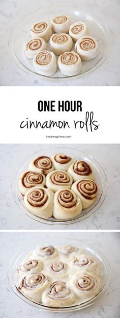 cinnamon rolls on a glass plate with the words one hour cinnamon rolls in front of them