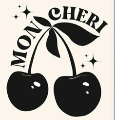 two cherries with the word mom on it and stars around them, in black and white