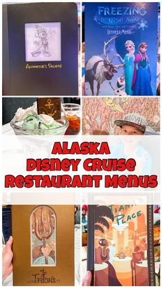 the alaska disney cruise restaurant menu is featured in this collage with images of frozen princesses