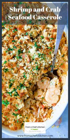 shrimp and crab seafood casserole in a white dish with a serving utensil