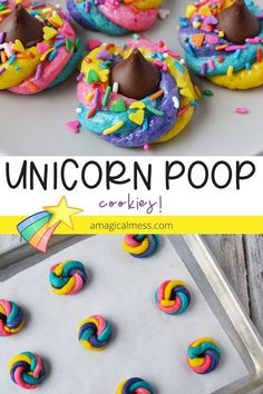 unicorn poop cookies on a baking sheet with sprinkles and chocolate in the middle