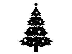 a black and white silhouette of a christmas tree with stars on it's top