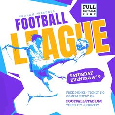 a poster for the football league featuring a man kicking a soccer ball in mid air