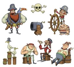 several cartoon characters are depicted in various poses