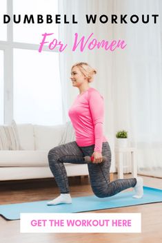 a woman doing the dumbbell workout for women on a yoga mat in front of a couch