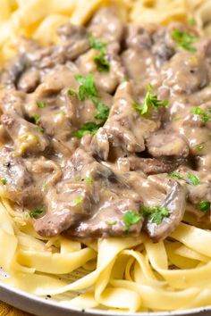 a plate of pasta with meat and gravy on top, garnished with parsley